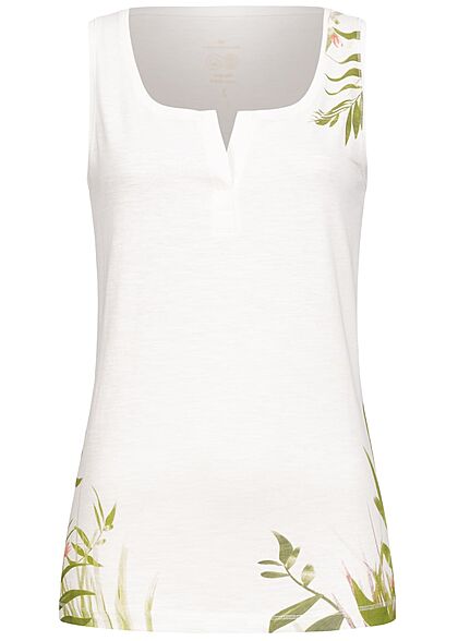 Tom Tailor Damen V-Neck Henley Top Floraler Print whisper weiss grün