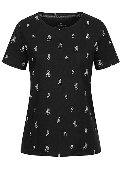 Tom Tailor Damen T-Shirt AOP Kakteen Print schwarz weiss