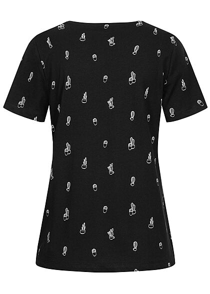 Tom Tailor Damen T-Shirt AOP Kakteen Print schwarz weiss