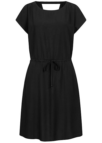 Tom Tailor Damen Viskose Sommer Kleid Cut Out hinten Taillengummizug tief schwarz
