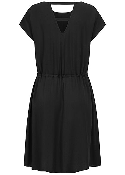 Tom Tailor Damen Viskose Sommer Kleid Cut Out hinten Taillengummizug tief schwarz