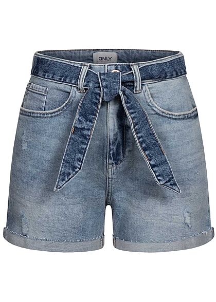 ONLY Damen Mom Jeans Shorts Destroy Optik Bindegrtel 5-Pockets medium blau denim - Art.-Nr.: 21052310