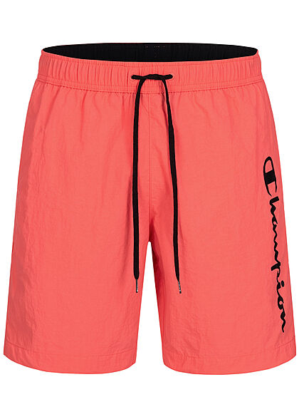 Champion Herren Badehose Shorts 3-Pockets Tunnelzug Logo Print coral rot schwarz