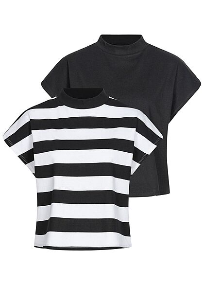 Urban Classics Damen 2er Pack Cropped T-Shirt Streifen Muster schwarz weiss & schwarz
