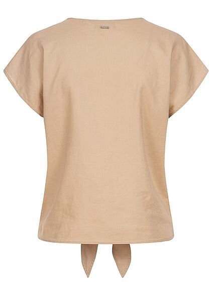 Tom Tailor Damen V-Neck Leinen Blusen Shirt Knopfleiste Bindedetail dune beige