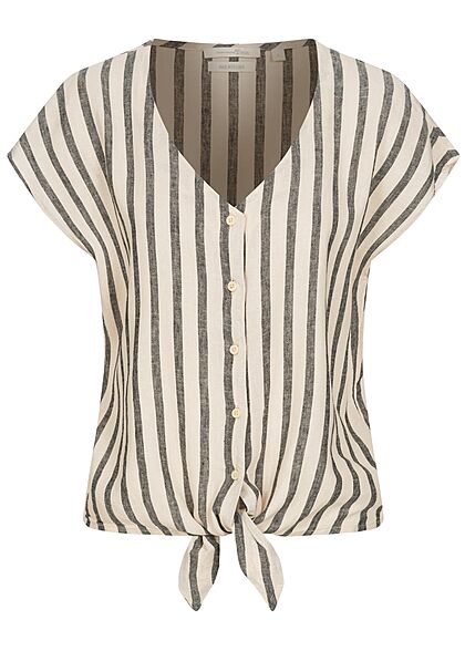 Tom Tailor Damen V-Neck Leinen Blusen Shirt Knopfleiste Streifen Muster schwarz beige - Art.-Nr.: 21052402