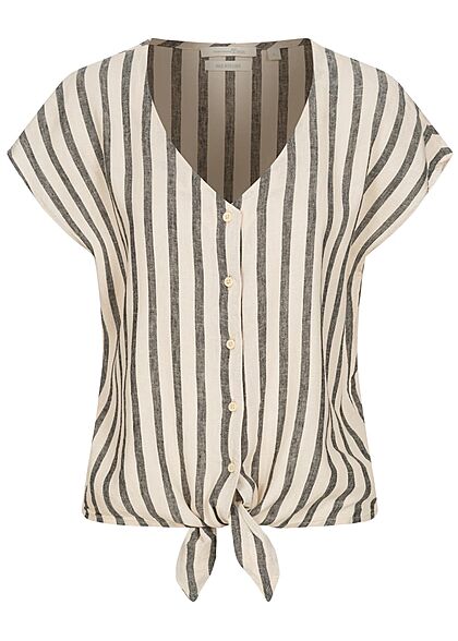 Tom Tailor Damen V-Neck Leinen Blusen Shirt Knopfleiste Streifen Muster schwarz beige