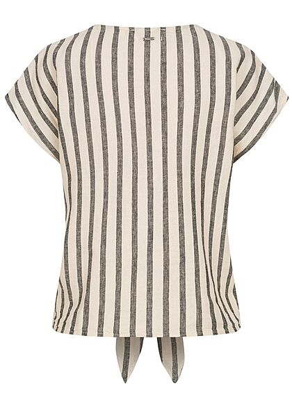 Tom Tailor Damen V-Neck Leinen Blusen Shirt Knopfleiste Streifen Muster schwarz beige