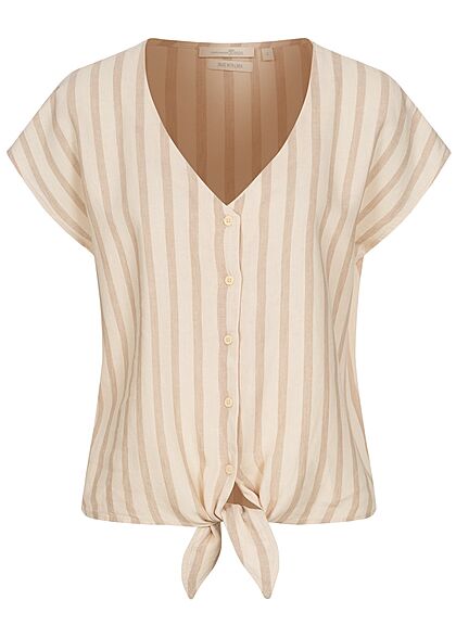Tom Tailor Damen V-Neck Leinen Blusen Shirt Knopfleiste Streifen Muster braun beige