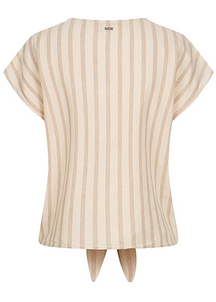 Tom Tailor Damen V-Neck Leinen Blusen Shirt Knopfleiste Streifen Muster braun beige