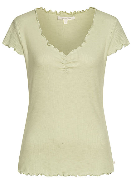 Tom Tailor Damen Ribbed V-Neck T-Shirt mit Frilldetails dusty hell grün - Art.-Nr.: 21052412