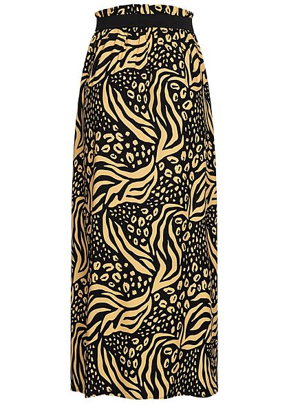 Tom Tailor Damen Paperbag Longform Rock Schlitz seitlich Animal Print schwarz beige