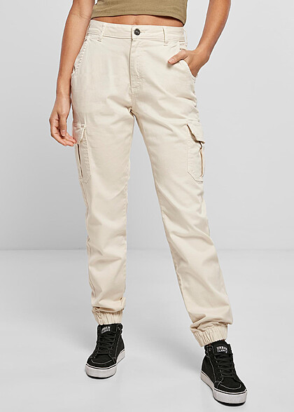 Urban Classics Damen High-Waist Cargo Stoffhose 6-Pockets sand weiss