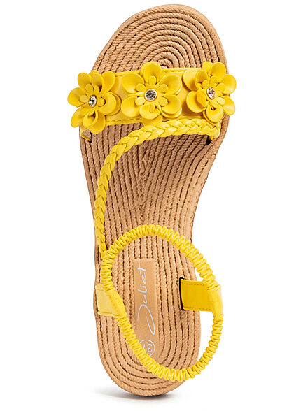 Seventyseven Lifestyle Damen Schuh Kunstleder Sandale Deko Blumen gelb