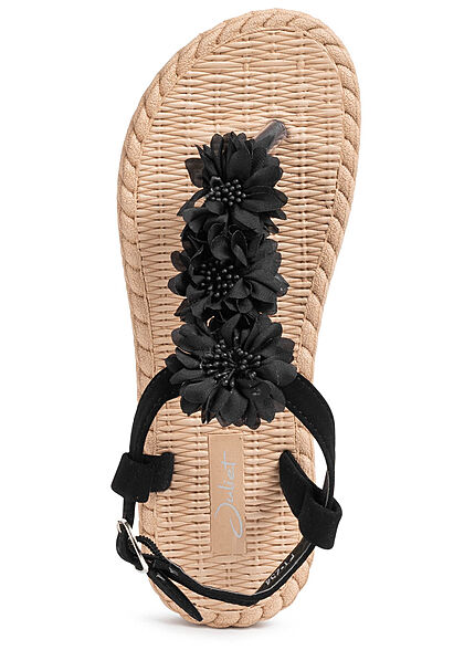 Seventyseven Lifestyle Damen Schuh Sandale Zehensteg Tll Blumen Velouroptik schwarz