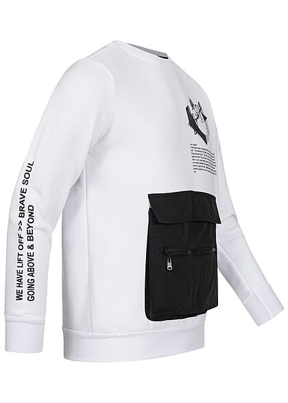Brave Soul Herren Sweater Zipper Fronttasche Logo Text Print optic weiss