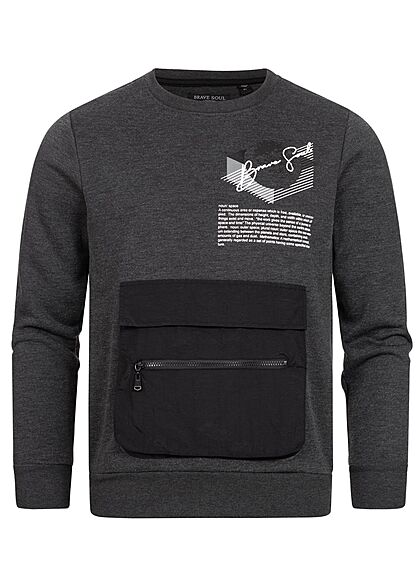 Brave Soul Herren Sweater Zipper Fronttasche Logo Text Print charcoal dunkel grau