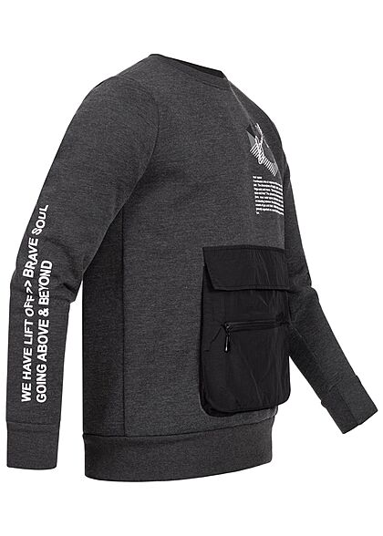 Brave Soul Herren Sweater Zipper Fronttasche Logo Text Print charcoal dunkel grau