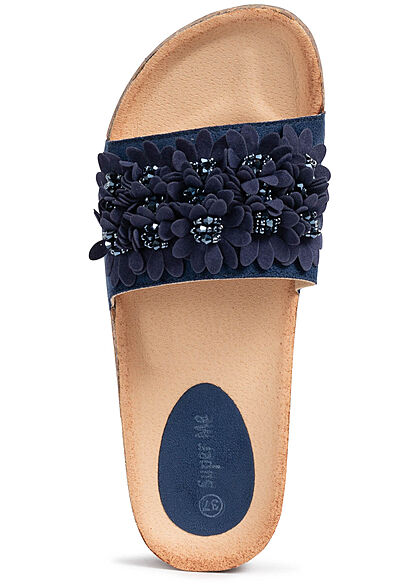 Seventyseven Lifestyle Damen Schuh Sandale Deko Blumen Applikation dunkel blau