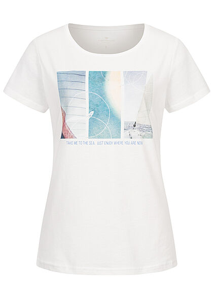 Tom Tailor Damen T-Shirt Sonne Meer Print dove weiss - Art.-Nr.: 21052676