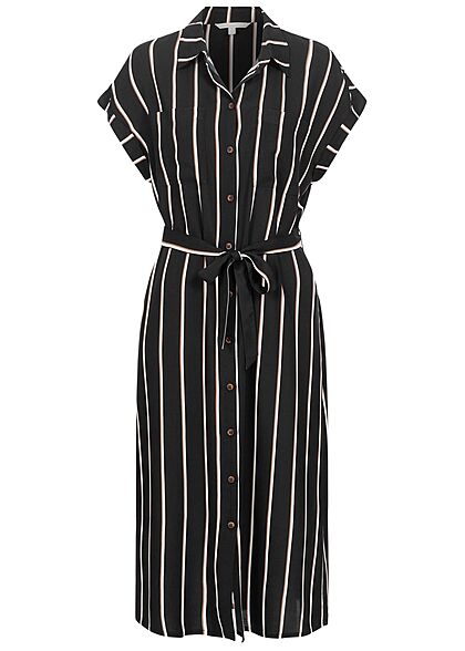 Tom Tailor Damen Midi Blusenkleid inkl. Bindegürtel Knopfleiste Streifen schwarz