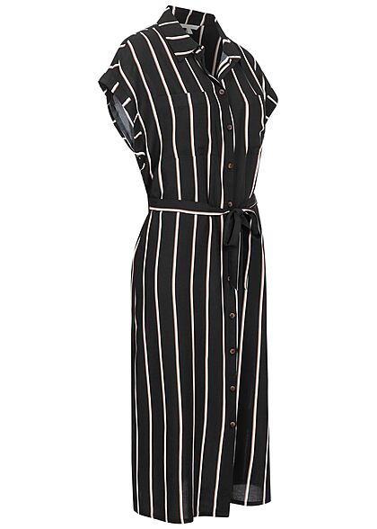 Tom Tailor Damen Midi Blusenkleid inkl. Bindegürtel Knopfleiste Streifen schwarz