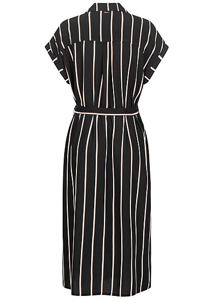 Tom Tailor Damen Midi Blusenkleid inkl. Bindegürtel Knopfleiste Streifen schwarz