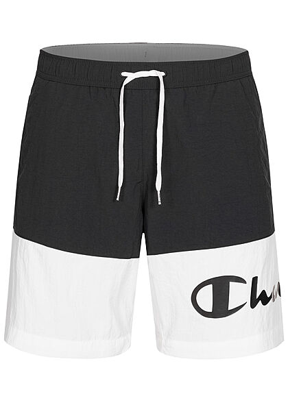 Champion Herren 2-Tone Shorts Badehose 3-Pockets Tunnelzug Logo Print schwarz weiss