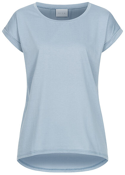 VILA Damen NOOS Basic T-Shirt mit Ärmelumschlag Vokuhila ashley hellblau