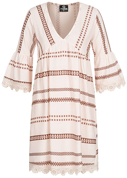 Styleboom Fashion Dames V-Neck Jurk Inka Print creme beige - Art.-Nr.: 21056624