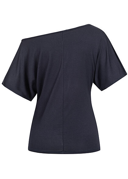 Styleboom Fashion Damen One-Shoulder Viskose Shirt Anker Print navy blau weiss
