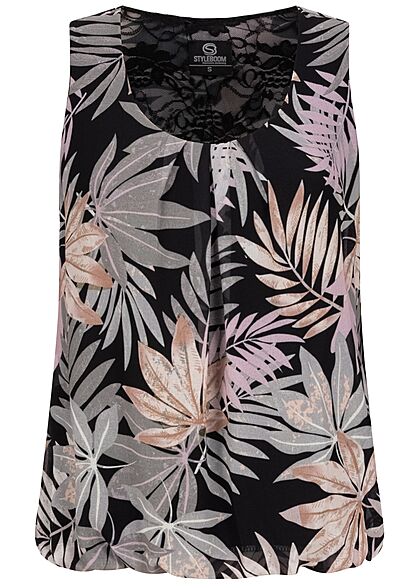 Styleboom Fashion Dames Chiffon Top Tropical Print zwart