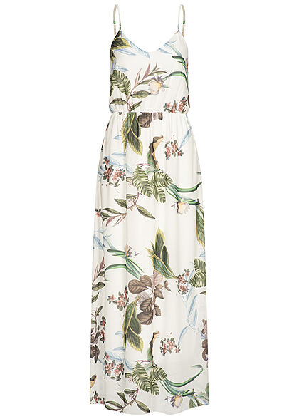 Styleboom Fashion Damen Maxi Trägerkleid Tropical Print weiss multicolor
