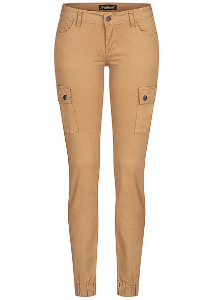 Seventyseven Lifestyle Damen Cargo Jeans Hose 7-Pockets Casual Fit camel hellbraun