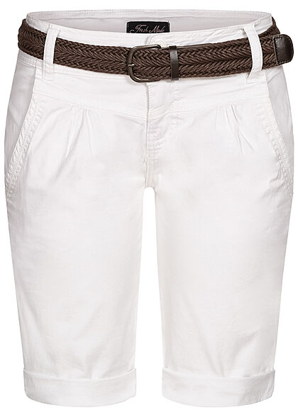 Fresh Made Damen Bermuda Shorts mit Flechtgürtel 4-Pockets  weiss - Art.-Nr.: 21062731