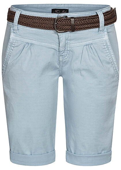 Fresh Made Damen Bermuda Shorts mit Flechtgürtel 4-Pockets  aqua hellblau - Art.-Nr.: 21062732