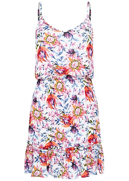 Sublevel Damen V-Neck Midi Sommer Kleid Blumen Print Taillengummibund weiss mc