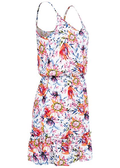 Sublevel Damen V-Neck Midi Sommer Kleid Blumen Print Taillengummibund weiss mc