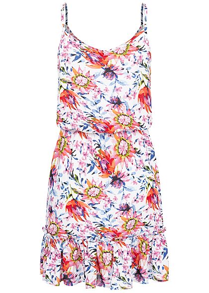 Sublevel Damen V-Neck Midi Sommer Kleid Blumen Print Taillengummibund weiss mc