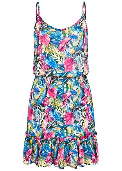 Sublevel Damen V-Neck Midi Sommer Kleid Tropical Print Taillengummibund multicolor - Art.-Nr.: 21062735
