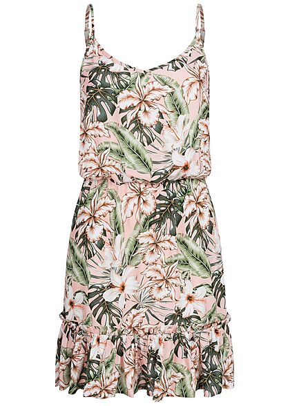 Sublevel Damen V-Neck Midi Sommer Kleid Tropical Print Taillengummibund rosa grün - Art.-Nr.: 21062736