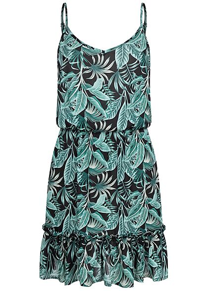 Sublevel Damen V-Neck Midi Sommer Kleid Tropical Print Taillengummibund schwarz grün - Art.-Nr.: 21062737
