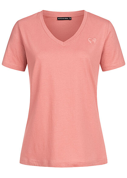 Stitch and Soul Damen V-Neck T-Shirt mit Herzstickerei blush dunkel rose - Art.-Nr.: 21062755
