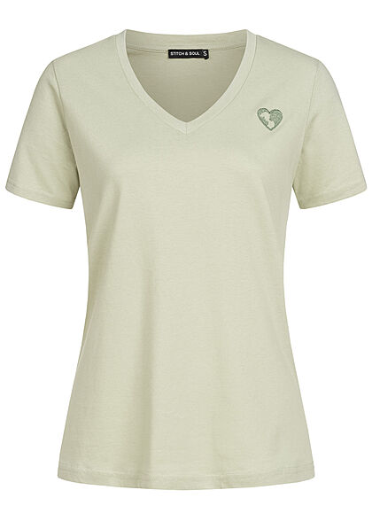 Stitch and Soul Damen V-Neck T-Shirt mit Herzstickerei greyish hell grün - Art.-Nr.: 21062756