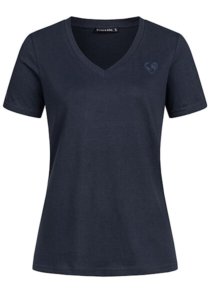 Stitch and Soul Damen V-Neck T-Shirt mit Herzstickerei night navy blau - Art.-Nr.: 21062757