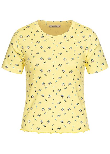 Stitch and Soul Dames Ribbed T-Shirt Bloemen Print chardonnay geel - Art.-Nr.: 21062759