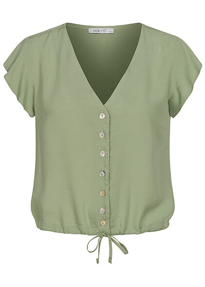 Hailys Damen V-Neck Blusen Shirt Frill Ärmel Bindedetail hedge grün