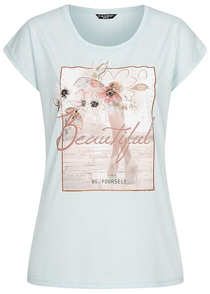 Zabaione Damen T-Shirt Beautiful Glitzer Print hell blau kupfer