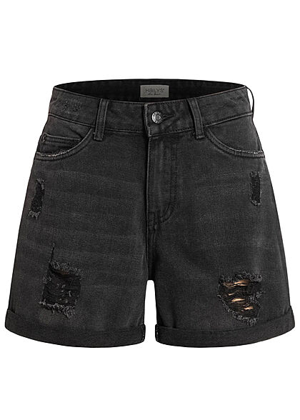 Hailys Damen kurze Mom-Fit Jeans Shorts Destroyed Look 5-Pockets black denim - Art.-Nr.: 21062932