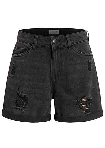 Hailys Damen kurze Mom-Fit Jeans Shorts Destroyed Look 5-Pockets black denim